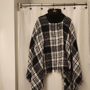 Soft Black and White Plaid Turtleneck Poncho 100% Polyester